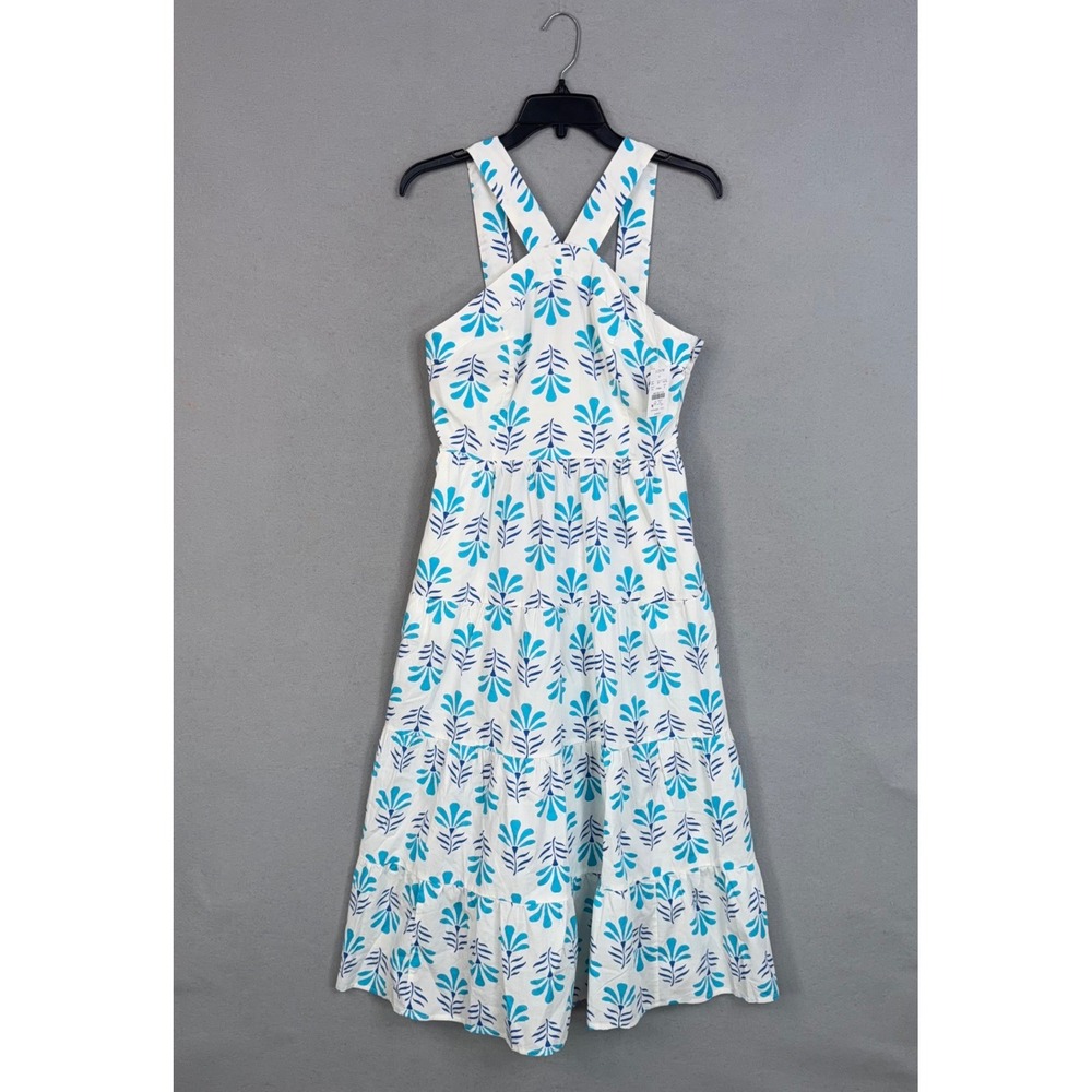 J.Crew Dress Womens 6 White Blue Floral Tiered Midi Crossback Summer Preppy